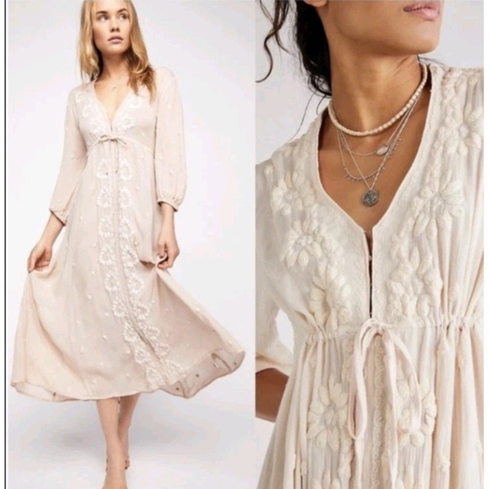 Free People Embroidered Fable Midi Dress S Whimsy Boho Festival Beach Cottage